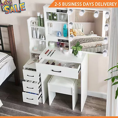 Gifts Girls White Makeup Vanity Table Set With 10 Lights Mirror Dressing Desk • $166