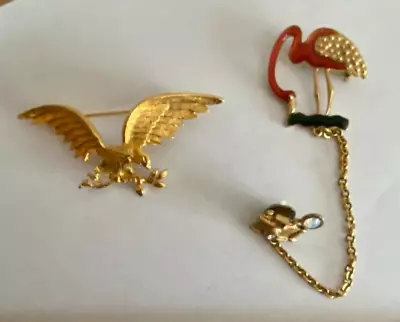 Vintage Signed Roger Van S EAGLE Brooch. Bonus FLAMINGO W/chain Camera Brooch • $13.99