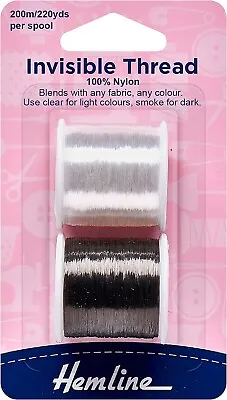 Hemline | 100% Nylon Invisible Thread | 200m | 2 Pack | For Light & Dark • £6.50