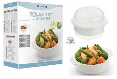 Microwave Vegetable 3 Part Steamer Pot Set Steam Food Box Healthy Eating • £19.87