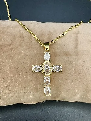 18k 18ct GENUINE 18” Gold Filled Wave Chain With Crystal Crucifix Cross Ref:-310 • £13.99