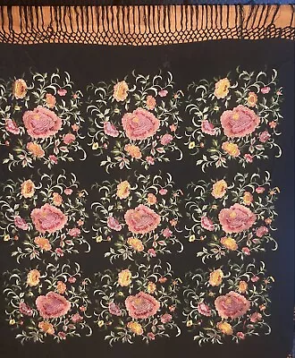 Victorian Piano Shawl/Scarf. Black Floral/Rose…Silk Hand Embroidery. Beautiful! • $199