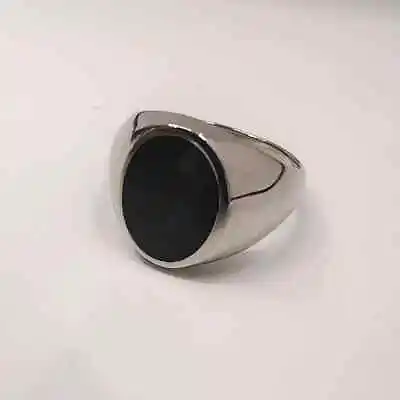 Mens Fashion Signet Ring Black Onyx Enamel Silver Tone Stainless Steel Size 6-13 • $17.95