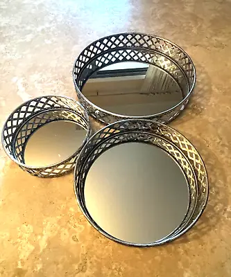 Set Of 3 Silver Metal Basket Weave Round Vanity Trays With Mirror Inserts • $37