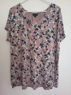 J Jill Wearever Collection Tunic Top Flowy Mauve Blue Floral Pintuck Back Size L • $11.99