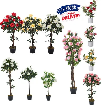 Artificial Faux Rose Flowers Tree Fake Plant In Pot Flowering Garden Home Decor • £31.95