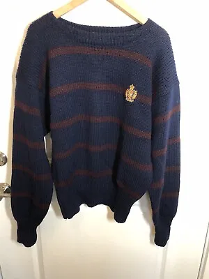 Polo Ralph Lauren Mens Sweater Large Navy Stripe 100% Wool Embroidered Crest • $27.90