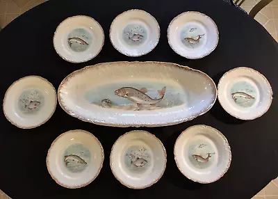 Victoria Carlsbad Austria Porcelain Fish Cabinet Plate Set (9 Pc) C. 1891-1918 • $250