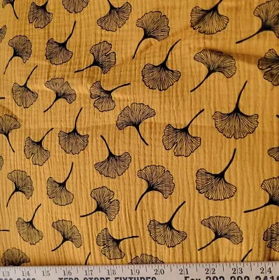 Mustard Yellow Cotton Muslin Double-Gauze W/ Gingko Leaves Print In Soft Black • $12