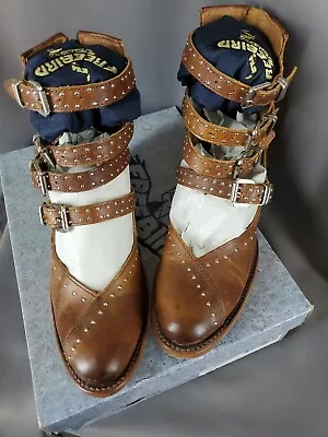 Freebird Boots Womens 9 Felicity Buckles Studded Block Heel Shoes Cognac Booties • $80