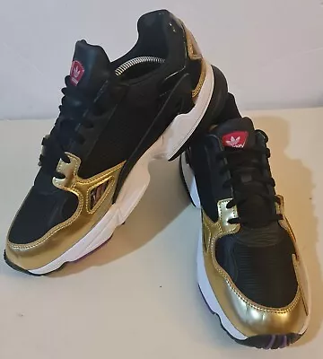 Adidas Falcon Black Gold Running Trainers UK Size 9.5 Beautiful Colorway Stylish • £37.95