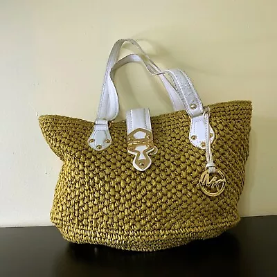 MICHAEL KORS Tote Bag Shoulder Mustard Straw White Leather Size 18x11x7 • $39