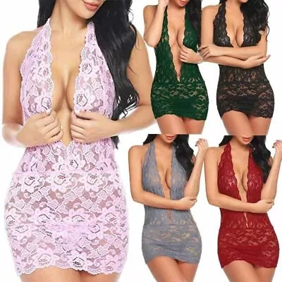 Women Sexy Lace Deep V Neck Halter Bodycon Dress Mini See Through Party Clubwear • $7.99