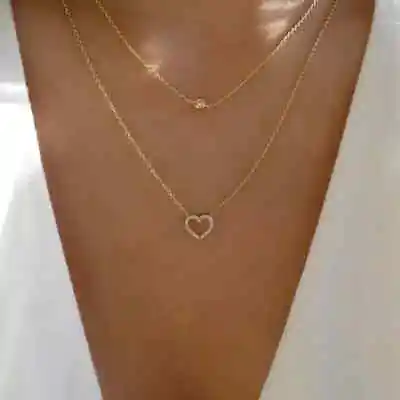 Double Layered Necklace/Zircon Heart Necklace/Layered Necklace Gold PLD • £12.99