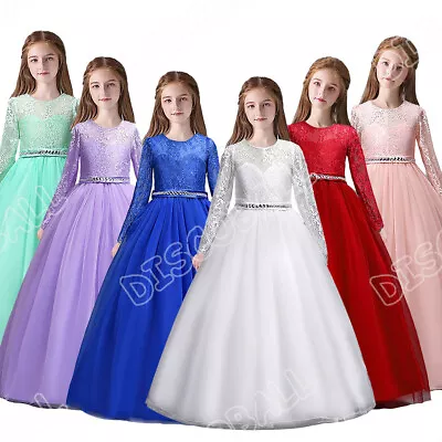 Kids Princess Long Lace Dresses Bridesmaid Flower Girls Maxi Dress Wedding Party • £16.99