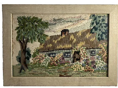 Vtg MCM Crewel Embroidery Needlework Cottage Core Hand Stitched Framed Picture • $24.99