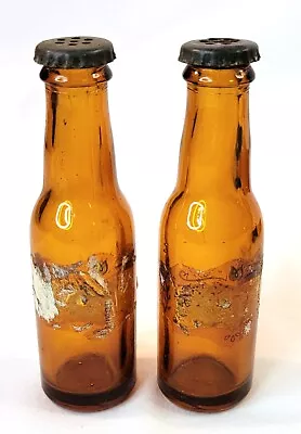 Mini-Beer Brown Bottles (2) Salt & Pepper Shakers W/ Caps Muth Buffalo Glass • $10.49