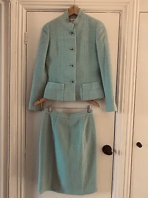 CHANEL VINTAGE 2 PIECE TWEED SKIRT AND JACKET SUIT Mint Green CC LOGO UK 8 • $1305.52