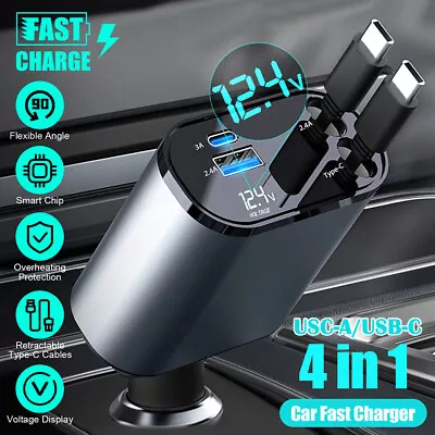 4-IN-1 Retractable Car Charger Cable Dual Port USB C PD Type C Charging Adapter • $20.14