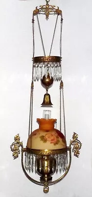 Antique Hand Painted Oil Lamp Chandelier Parlor John Scott W Prisms Roses • $499.99