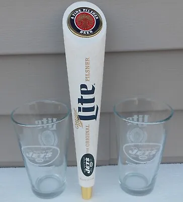 Rare Miller Lite New York Jets Beer Tap Handle & 2 Beer Glasses New Pilsner Usa • $24.99