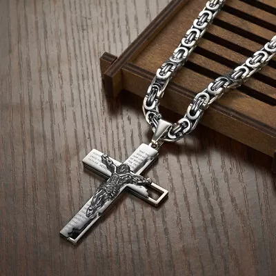 Hot MEN Byzantine Chain Stainless Steel Black Gold Silver Cross Pendant Necklace • $11.39