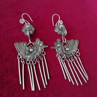 Retro Palace Chinese Pure Handmade Filigree Miao Silver Birds Earring 1pair • $35