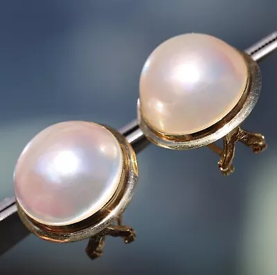 14k 585 Solid Gold Mabe Or Mobe Pearl Omega Backs With Posts Classy Earrings • $289.99