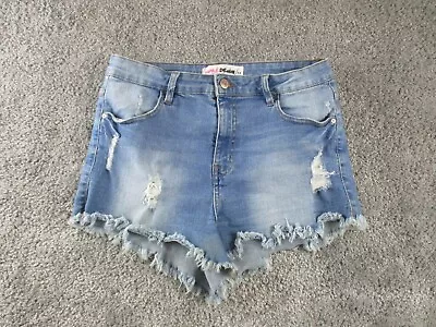 Supre Denim Shorts 12 W28 Cut Off Frayed Pockets Zip Stretch Blue • $9.65