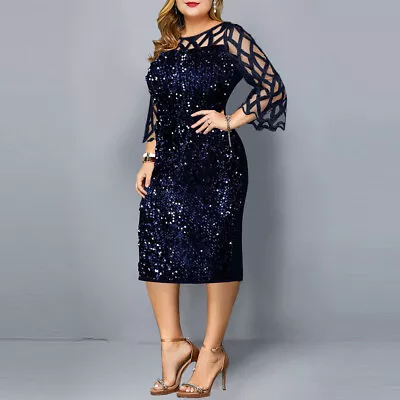 Women Sequin Dress 3/4 Sleeve Hollow Out Round Neck Prom Summer Knee Length Gown • $33.92