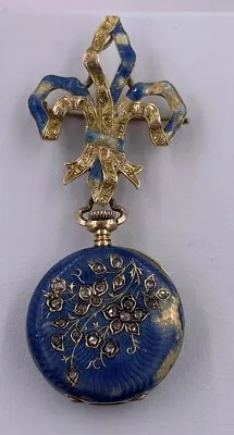 Blue Enamel 18k Solid Yellow Gold C.H. Meylan Rose Cut Diamond Pocket Watch • $1350