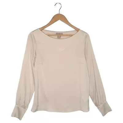 H And M Top Womens S Boat Neck Satin Long Ballon Sleeve Blouse Flowy Ivory • $24.99