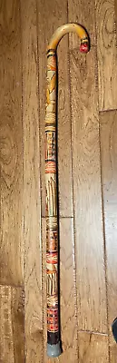 Antique Mexican Relief Carved Wooden Walking Stick Cane Mexico Indian 37” Tip • $39
