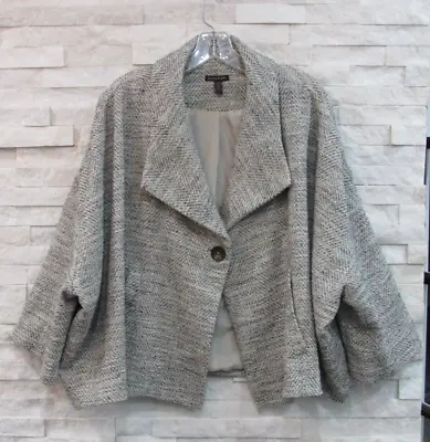 Eileen Fisher Cream Black Cotton Tweed Cape Oversized Swing Jacket L XL 64'' B • $71.99