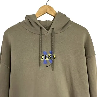 Vintage 90s Olive Green Nike Pullover Hoodie Size L Spellout Center Mini Swoosh • $89.95