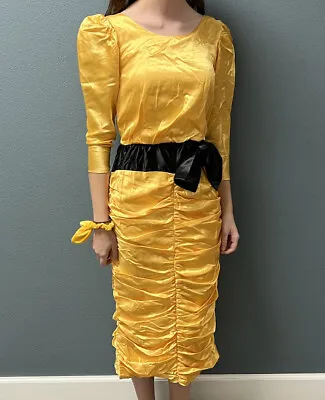 Vintage 1980’s Prom Dress Yellow Black Satin Great For  80’s Costume • $15