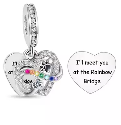 Sterling Silver 925 Dog Cat Paw Love Heart Meet At The Rainbow Bridge Charm • £16.89