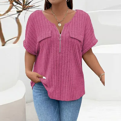 Plus Size Womens Ribbed V Neck Tunic Tops Tee Short Sleeve T Shirt Blouse Shirt • £11.99