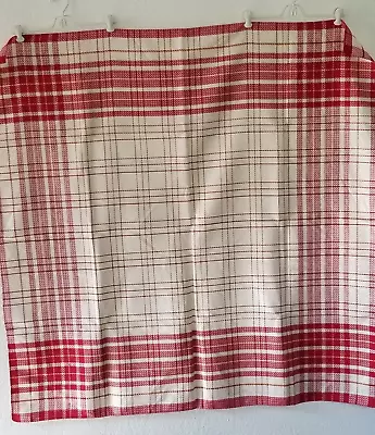 Vintage Rayon Red Cream & Gold Woven Plaid Tablecloth 48  Sq. - Appears Unused • $19.99