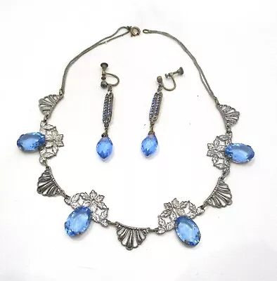 Vintage Czech Blue Glass & Silvertone Art Deco Necklace & Drop Earrings • $67.95