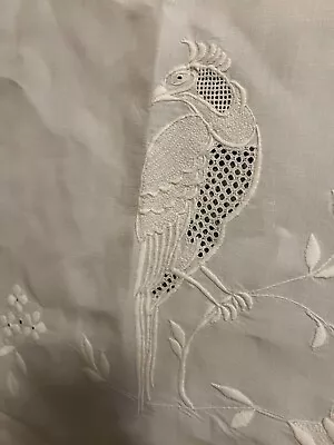 Vintage Linen Tablecloth White Embroidered Birds Flowers Shamrock Cutwork 93x104 • $129.99