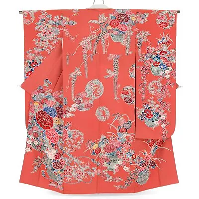 Japanese Silk Kimono Vintage Furisode  Cherry Blossom Peony Circle Vase Pink 59  • £611.24