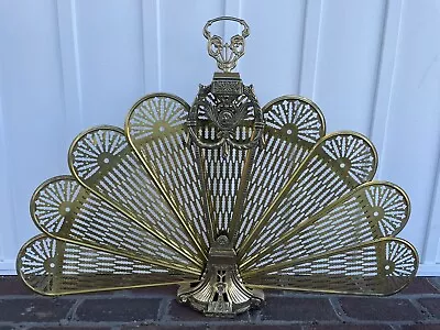 Vtg Fireplace Folding Fan Screen Polished Brass Peacock Cameo Art Deco Hollywood • $229.99