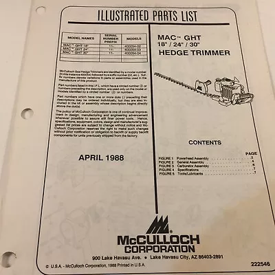 1988 McCulloch Mac-GHT 18  24  30  Hedge Trimmer Illustrated Parts List 222546 • $29.99