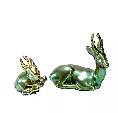 $117.60 • Buy Pair Zsolnay Hungary Iridescent Green Eosin Glaze Porcelain Animal Figurines