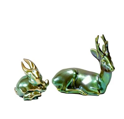 $117.60 • Buy Pair Zsolnay Hungary Iridescent Green Eosin Glaze Porcelain Animal Figurines