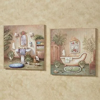 Blissful Bath Wall Plaque Set Multi Pastel Set Of Two Vintage Bathroom Scene • $69.99