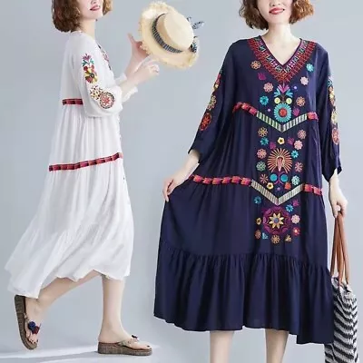 Women Retro Ethnic Mexican Embroidered Cotton Linen Long Boho Loose Dress • £31.18