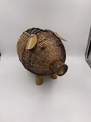 Vintage Wicker Hand Woven Pig Planter Basket Open Top Bamboo Legs Curly Tail • $25