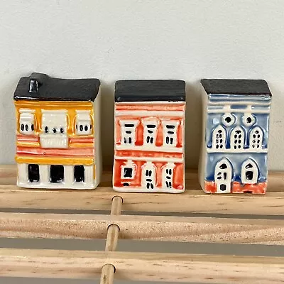 Unmarked Hand Painted Ceramic Pottery Miniature Houses Buildings Set Of 3 • $37.99